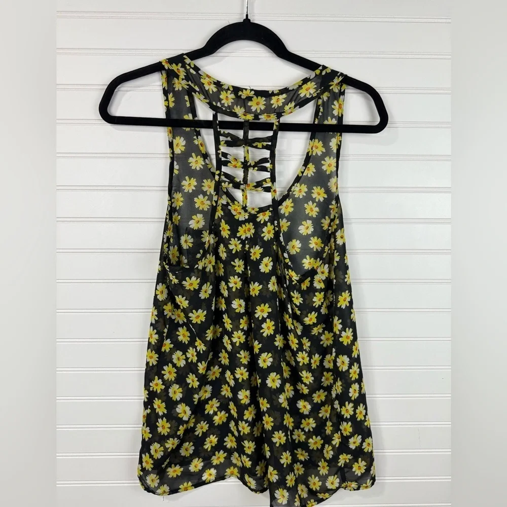 Iris women’s sheer black & yellow floral tank, decorative strap back. Size Large - Picture 2 of 6